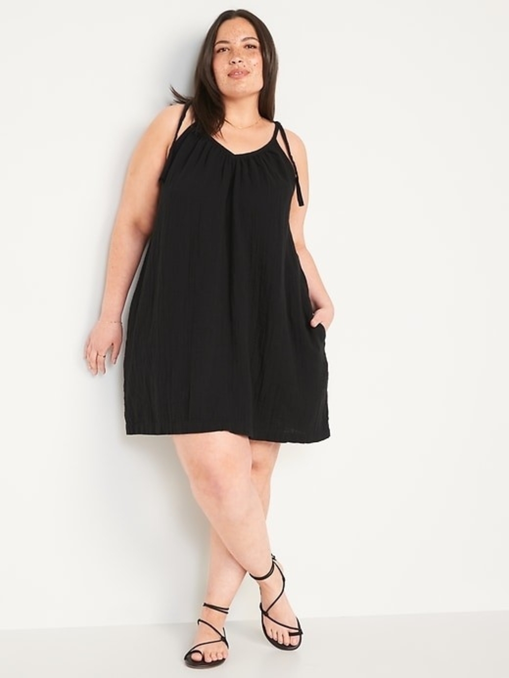 Old Navy Tie-Shoulder Mini Cami Swing Dress Black 3X 100% Cotton Pockets